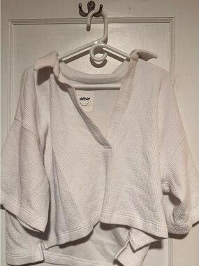 aerie Soft White Textured Polo Crop